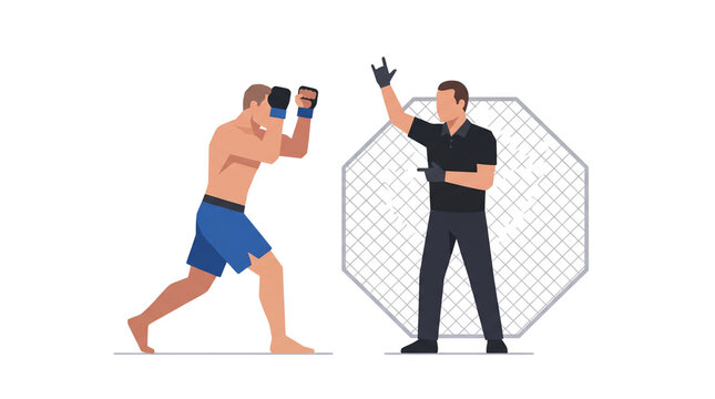 Mixed Martial Arts Fighter and Referee in Octagon.