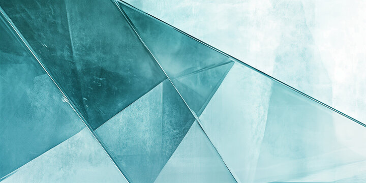 Modern abstract background showing mint blue green geometric glass surfaces with sharp angular reflections and shadows.