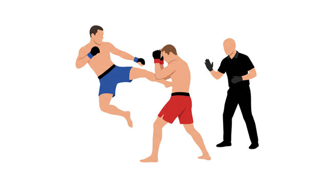 Two male fighters engaged in a mixed martial arts fight with a referee observing.