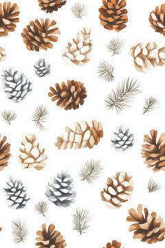 High angle view of scattered pine cones small cedar branches and winter botanicals seamlessly arranged over a plain white backdrop