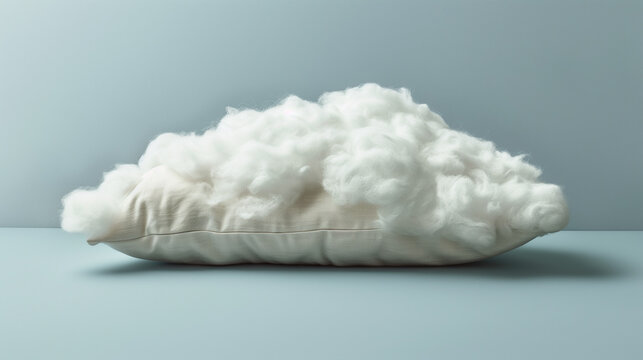 A soft white cotton cloud element resting on a minimalist light blue background symbolizing comfort sleep and lightness