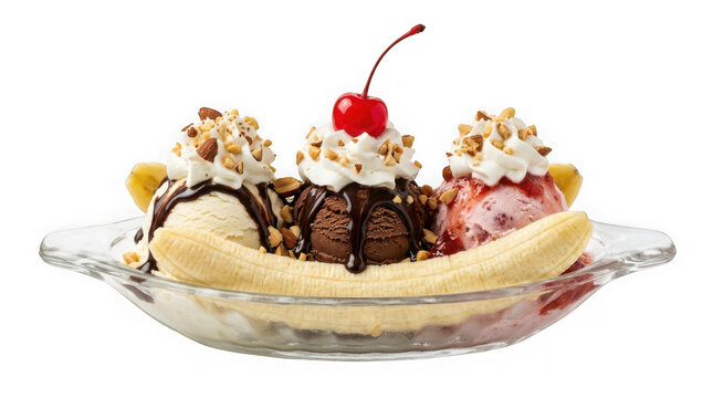 Classic banana split sundae with three scoops of ice cream isolated on transparent background
