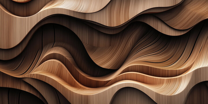 Architectural background featuring multiple flowing dark brown wood layers stacked in organic fluid waves creating a deep dramatic 3d wooden relief pattern.