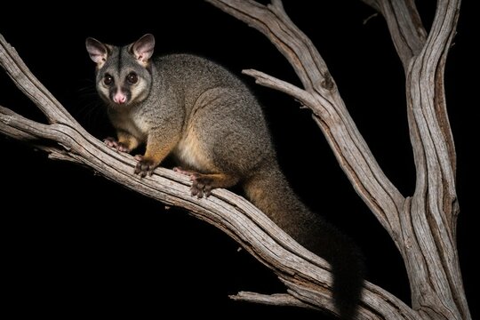 Nocturnal brushtail possum rests on weathered tree branch against dark background. Furry marsupial with large eyes sits quietly in its natural habitat at night.