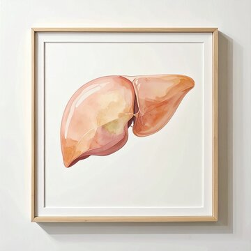 Watercolor illustration of human liver anatomy in frame.