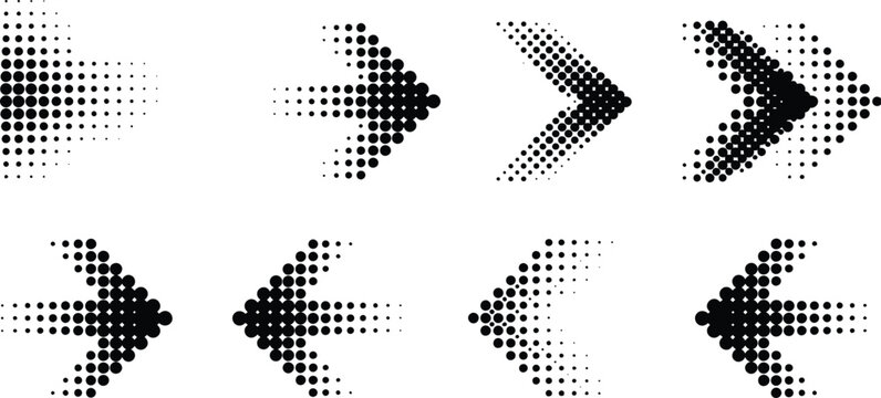 Collection of various black halftone arrows pointing in different directions with a dot pattern gradient on a plain white background