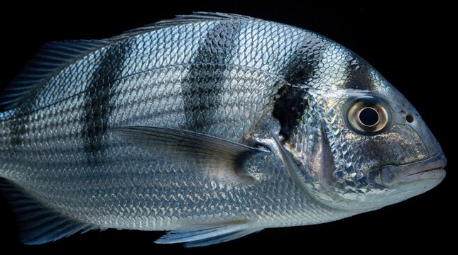Close-up of a silver banded seabream fish isolated on black background. Its scales gleam reflecting light with dark vertical stripes. Healthy ingredient for seafood meals.