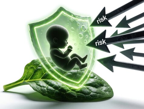 Tiny fetus rests inside glowing green shield on fresh spinach leaf. Dark arrows pointing to risk bounce off protective barrier. Concept of prenatal health nutrition for pregnancy. Organic diet helps