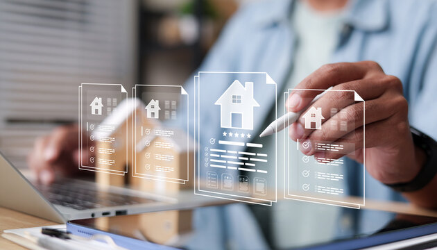 Real estate agent using a stylus and digital interface to review online property listings, mortgage forms, and house contracts.