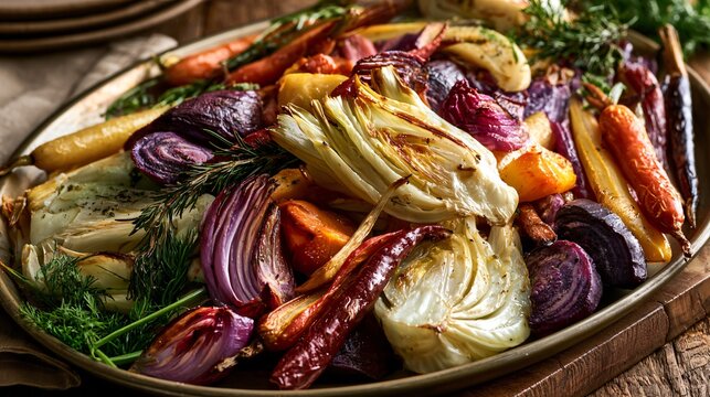 A vibrant composition featuring roasted fennel recipes paired with colorful root vegetables and seasonal herbs