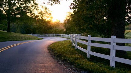 Fototapeta premium Sunrise paints a peaceful country road lined with green fields and a charming white picket fence