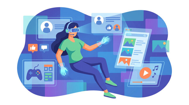 Woman experiencing virtual reality technology interacting with digital interfaces and screens.
