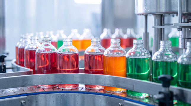 Row of amber glass bottles filled with liquid on a pharmaceutical bottling line