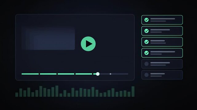 Abstract animated online course progress interface drawn as green and cyan glowing lines and dots on a deep dark background. Clean minimal motion graphics element with free space around it, ideal for 