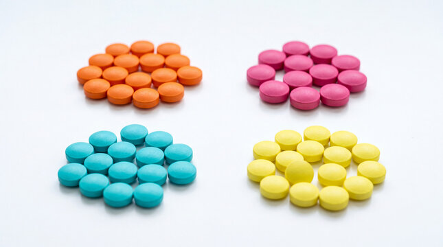 Four groups of colorful round tablets arranged in circular patterns on white