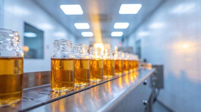 Row of amber glass vials filled with liquid inside a bright laboratory