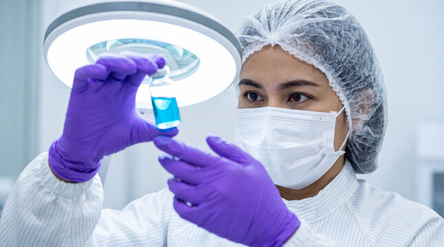 Scientist holding a vial of blue liquid under a laboratory examination light