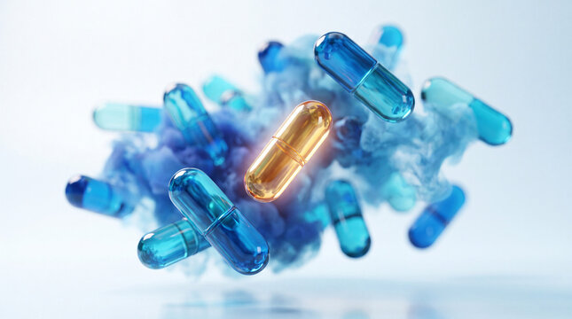 Glowing golden capsule surrounded by blue capsules against a dark background