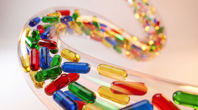 Spiral chain of multicolored capsules forming a winding pattern