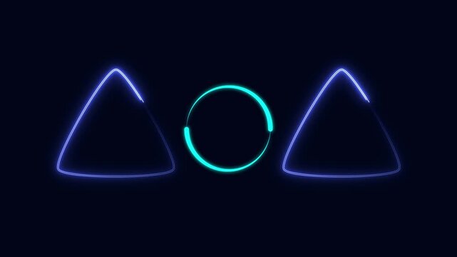 Neon triangles geometric shapes animation glows with cyan light waves. Triangles geometric design provides vector graphics. Shapes animation layout works for tech screens.