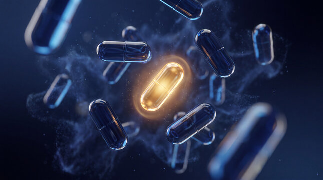 Vertical render of a glowing golden capsule surrounded by dark blue capsules