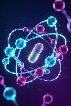 Vertical render of a glowing capsule inside a teal and magenta atom structure