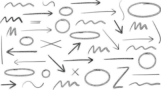 Set of hand-drawn black arrows, circles, and wavy lines for marking and highlighting text on a plain white background
