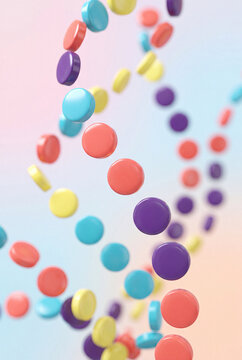 Colorful round tablets falling in a wave pattern against a pastel background