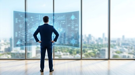 Fototapeta premium Futuristic businessman analyzing virtual data screen in modern office, corporate leader looking at digital interface with city view background