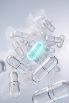 Cluster of transparent capsules with one glowing cyan capsule at the center