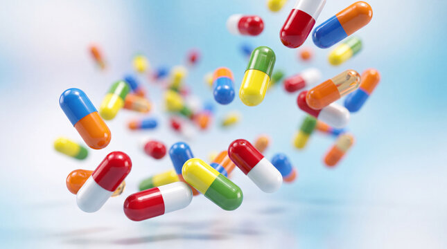 Colorful two-tone capsules falling and floating against a light blue background