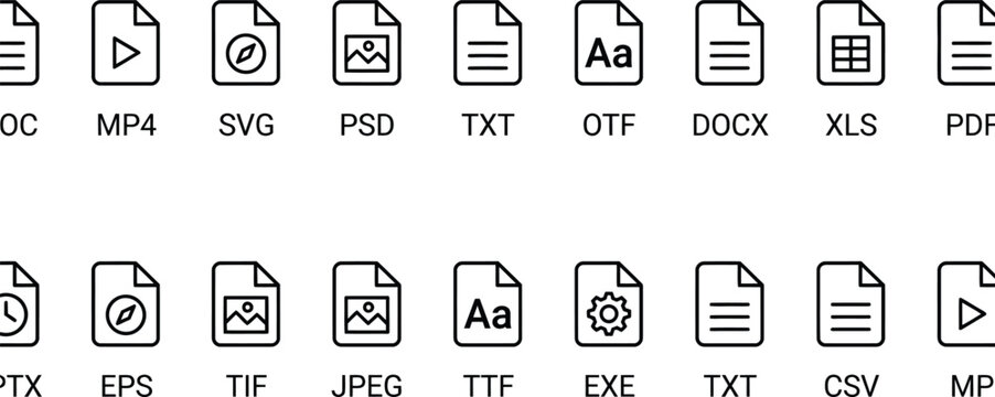 Set of various file format including document, and data types in black outline style on a white background, for web
