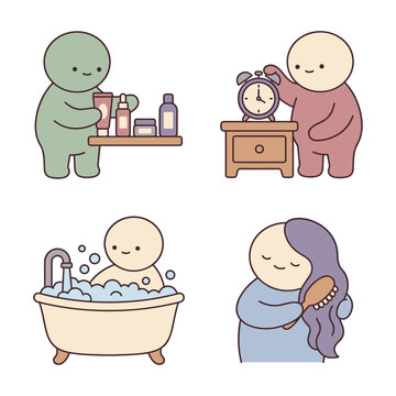 Set of cute pixel art illustrations depicting morning routine, skincare, waking up, bathing, and hair brushing