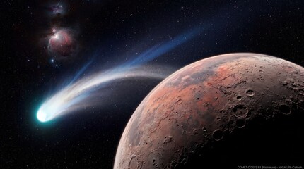 Naklejka premium A glowing comet streaks through the dark cosmos past the cratered surface of a red rocky planet.