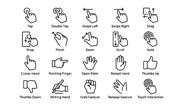 Minimal black and white hand icons pack with touch gestures user interface and navigation symbols vector isolated on white background