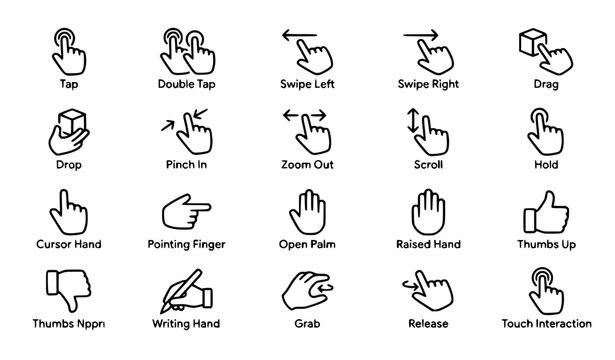 Minimal black and white hand icons pack with touch gestures user interface and navigation symbols vector isolated on white background