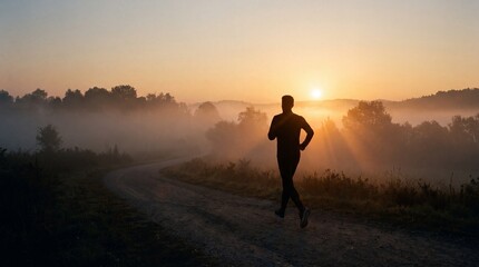 Fototapeta premium A lone runner jogging along a misty dirt path during a beautiful and serene golden sunrise morning.
