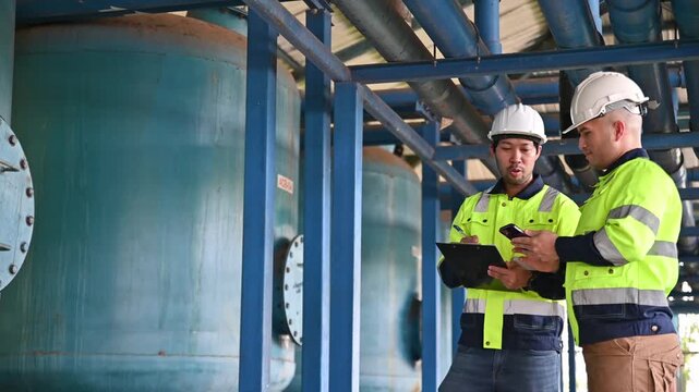 Expert engineers are working together to inspect the structure of the water treatment plant's pipes to ensure they are safe and meet standards.