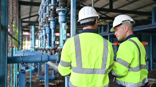 Expert engineers are working together to check the operation of the water filtration plant.