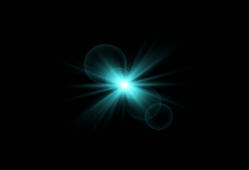 Obraz premium Radiant turquoise starburst with sparkling details, sharp glowing beams and a luminous soft halo creating a dynamic light flare on black background.