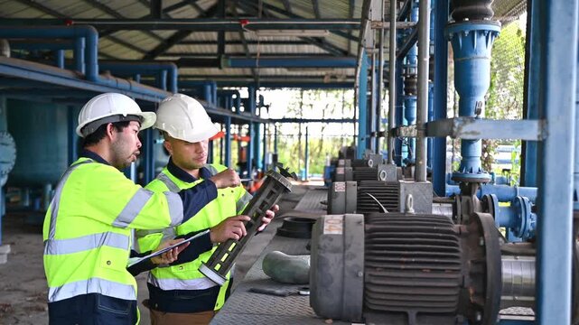Expert engineers are working together to inspect and repair water filters at a large water treatment plant.