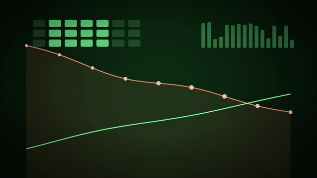 Abstract animated carbon emissions reduction curve drawn as green and cyan glowing lines and dots on a deep dark background. Clean minimal motion graphics element with free space around it, ideal for 