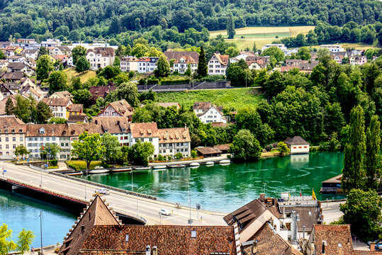 Rhine river, bridge, and surrounding hills in Stein am Rhein