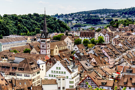 Historic church tower and traditional tile rooftops in Stein am