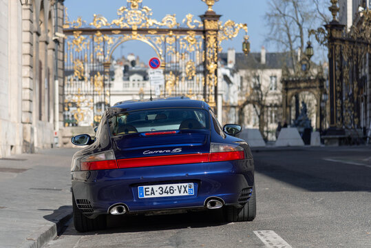 Nancy, France - March 31st 2019 : View on a blue Porsche 996 Carrera 4S parked in a street.