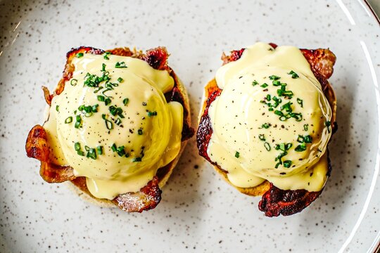 Delicious Eggs Benedict with crispy bacon for brunch