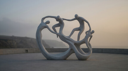 Naklejka premium Sculpture of interconnected human figures on concrete platform Generative AI