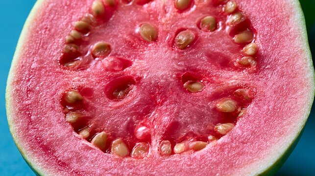 A macro close up highlighting the seed structure and juicy pink flesh of guava fruit under bright natural lighting