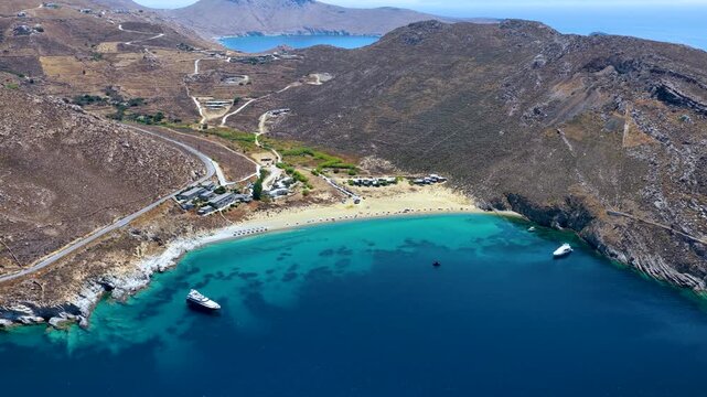 Panoramic aerial view of the beautiful bay and beach at Vagia on Serifos island, Cyclades, Greece