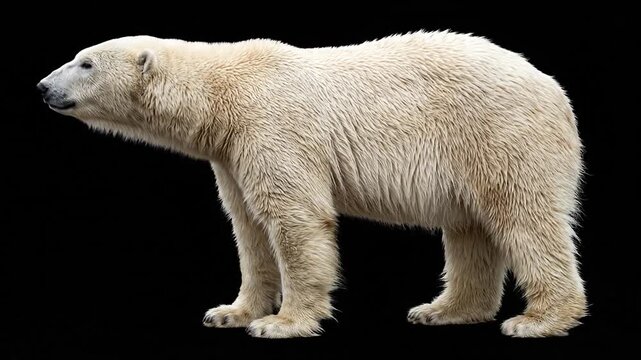 Full body side view of a majestic polar bear standing on black background